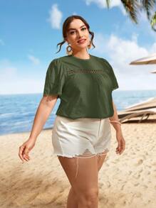 SHEIN VCAY Áo sơ mi Plus Size Nút Tương phản ren màu trơn Boho - xanh quân đội - Xem 4
