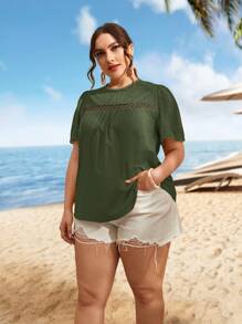 SHEIN VCAY Áo sơ mi Plus Size Nút Tương phản ren màu trơn Boho - xanh quân đội - Xem 5