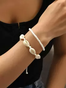 2pcs Beach Style Random Natural Beaded Shell & Rice Bead Women's Bracelet Set - White - View 1