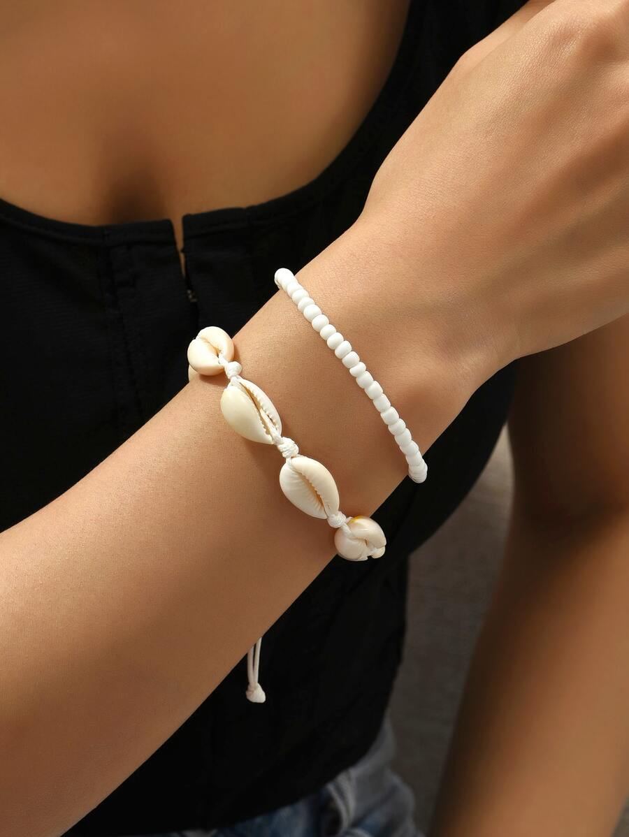 2pcs Beach Style Random Natural Beaded Shell & Rice Bead Women's Bracelet Set - White - View 1