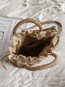 Túi rơm trang trí tua rua và ngọc trai giả, hoàn hảo cho kỳ nghỉ du lịch bãi biển mùa hè - Màu Khaki - Xem 4