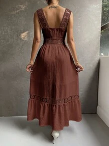 SHEIN VCAY Guipure Lace Insert Ruffle Hem Dress - Rust Brown - View 2