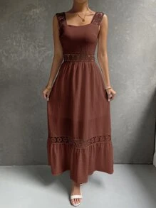 SHEIN VCAY Guipure Lace Insert Ruffle Hem Dress - Rust Brown - View 3
