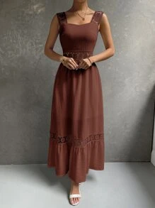 SHEIN VCAY Guipure Lace Insert Ruffle Hem Dress - Rust Brown - View 4
