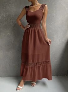SHEIN VCAY Guipure Lace Insert Ruffle Hem Dress - Rust Brown - View 5