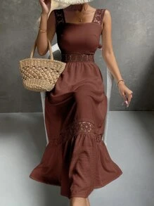 SHEIN VCAY Guipure Lace Insert Ruffle Hem Dress - Rust Brown - View 6