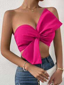 SHEIN Privé Top tubo corto fruncido trasero fruncido con lazo delantero - Rosa Fucsia - Ver 4