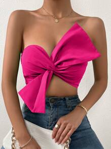 SHEIN Privé Top tubo corto fruncido trasero fruncido con lazo delantero - Rosa Fucsia - Ver 5