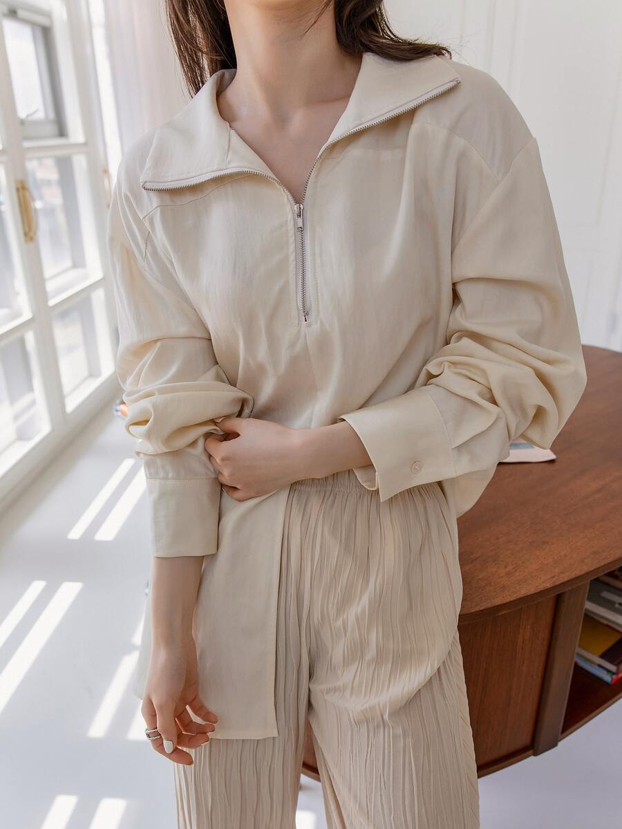 DAZY Blusa cremallera cuarta de hombros caídos bajo con abertura - Amarillo - Ver 1