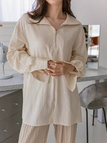 DAZY 四分之一拉鏈落肩袖下擺開叉襯衫 - 黃色 - 查看 3