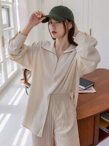 DAZY 四分之一拉鏈落肩袖下擺開叉襯衫 - 黃色 - 查看 4