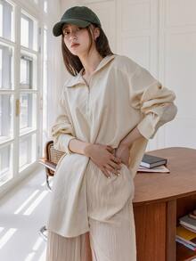 DAZY 四分之一拉鏈落肩袖下擺開叉襯衫 - 黃色 - 查看 8