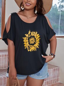 SHEIN LUNE Plus Floral Print Cold Shoulder Dolman Sleeve Tee - Black - View 3