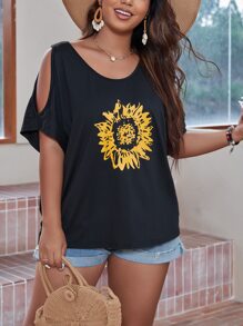 SHEIN LUNE Plus Floral Print Cold Shoulder Dolman Sleeve Tee - Black - View 4