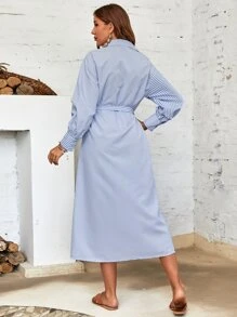 SHEIN Frenchy Striped Drop Shoulder Belted Shirt Dress - Blue and White - View 2