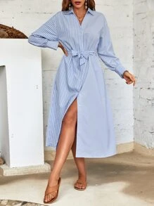 SHEIN Frenchy Striped Drop Shoulder Belted Shirt Dress - Blue and White - View 4
