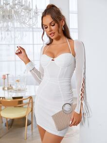 PARTHEA Đầm Tương phản Mesh Ren lên màu trơn Gợi cảm - trắng - Xem 6