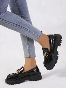 Mujer Mocasines slip on con diseño de cadena plataforma - Negro - Ver 4