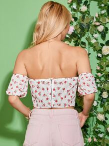 SHEIN Blusa floral de hombros descubiertos con cordón delantero pecho con fruncido - Blanco - Ver 2