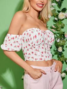 SHEIN Blusa floral de hombros descubiertos con cordón delantero pecho con fruncido - Blanco - Ver 3
