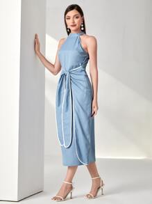 Modelyn Bộ đồ hai mảnh nữ màu trơn Thanh lịch - Màu xanh lam - Xem 4