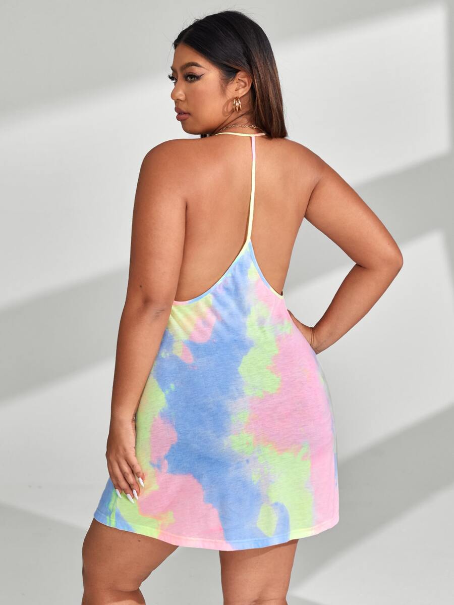 SHEIN SXY Plus Tie Dye Halter Dress - Yellow - View 1