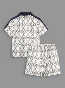 SHEIN Young Boy Letter & Chain Print Contrast Collar Polo Shirt & Shorts