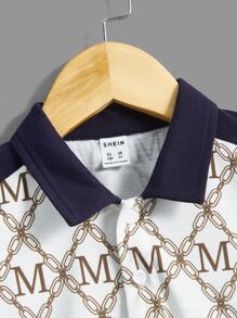 SHEIN Young Boy Letter & Chain Print Contrast Collar Polo Shirt & Shorts