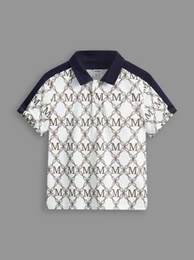 SHEIN Young Boy Letter & Chain Print Contrast Collar Polo Shirt & Shorts