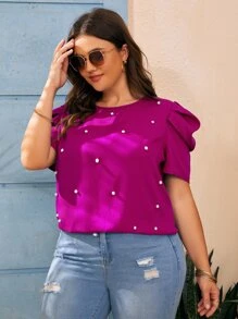 SHEIN Clasi Áo sơ mi Plus Size cườm đính Nút Ngọc trai màu trơn Thanh lịch - Màu đỏ tím - Xem 5