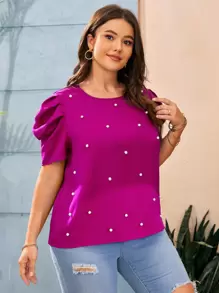SHEIN Clasi Áo sơ mi Plus Size cườm đính Nút Ngọc trai màu trơn Thanh lịch - Màu đỏ tím - Xem 6