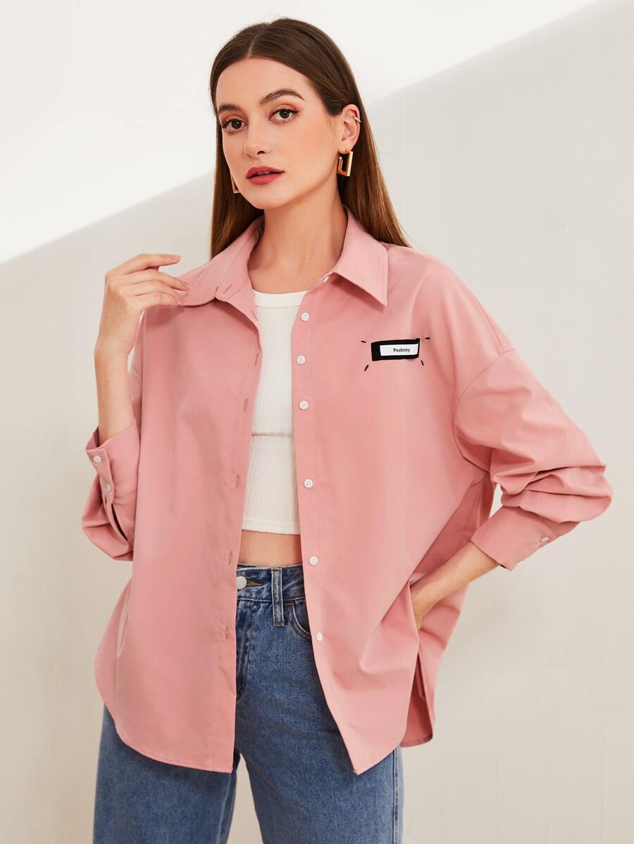 Mulvari Áo sơ mi nữ Đắp vá Nút phía trước Lá thư Giải trí - Màu Hồng San hô - Xem 1