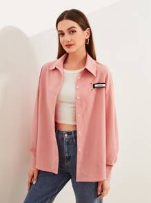 Mulvari Áo sơ mi nữ Đắp vá Nút phía trước Lá thư Giải trí - Màu Hồng  San hô - Xem 5