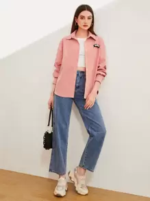 Mulvari Áo sơ mi nữ Đắp vá Nút phía trước Lá thư Giải trí - Màu Hồng  San hô - Xem 3