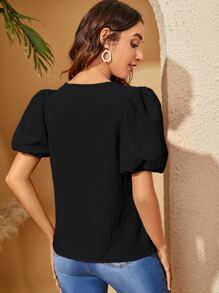 SHEIN Privé Puff Sleeve Solid Blouse - Black - View 2