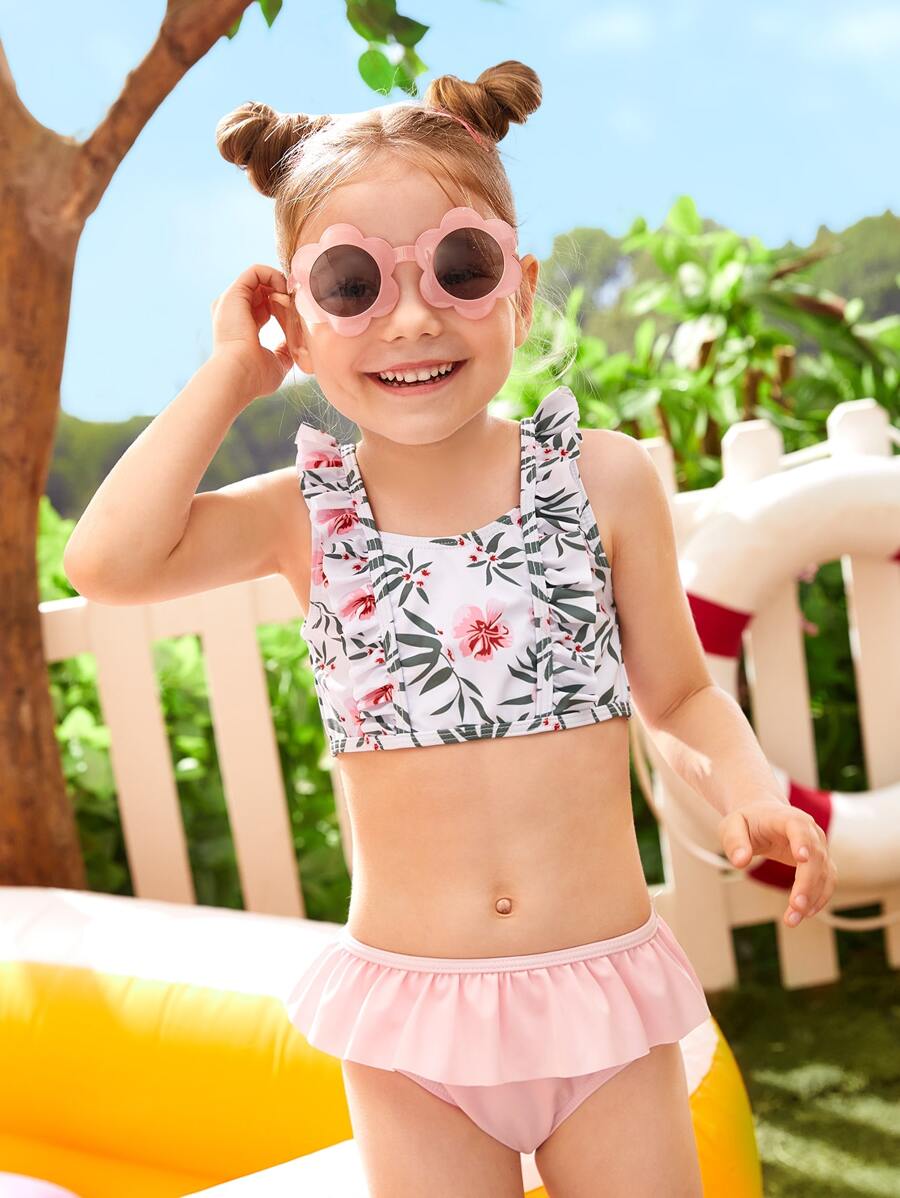 年轻女孩随机花卉印花荷叶边短裙比基尼套装夏季海滩 - 彩色 - 查看 1