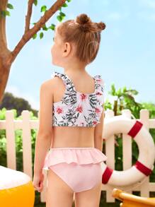 年轻女孩随机花卉印花荷叶边短裙比基尼套装夏季海滩 - 彩色 - 查看 2