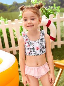 年轻女孩随机花卉印花荷叶边短裙比基尼套装夏季海滩 - 彩色 - 查看 3