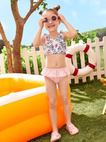 年轻女孩随机花卉印花荷叶边短裙比基尼套装夏季海滩 - 彩色 - 查看 4