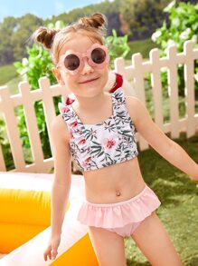 年轻女孩随机花卉印花荷叶边短裙比基尼套装夏季海滩 - 彩色 - 查看 5