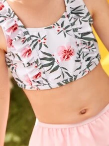 年轻女孩随机花卉印花荷叶边短裙比基尼套装夏季海滩 - 彩色 - 查看 6