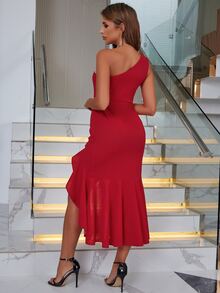 Eilly Bazar Đầm Bất đối xứng Viên lá sen màu trơn Thanh lịch - Màu Đỏ Sâu - Xem 2