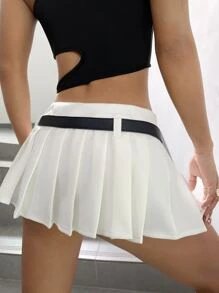 Solid Pleated Belted Skirt - White - View 2