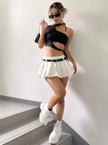 Solid Pleated Belted Skirt - White - View 5