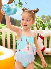 Đồ một mảnh Bé gái chập biết đi Tương phản Mesh Xù Hoạt hình Dễ thương - Màu xanh nhạt - Xem 1