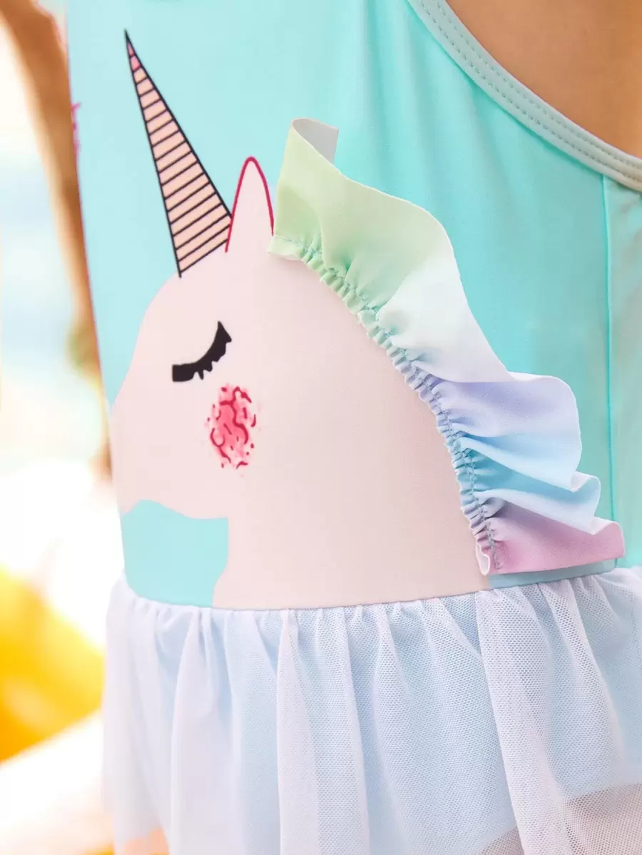 Toddler Girls Unicorn Print Ruffle Patched One Piece Swimsuit - Baby Blue - View 1
