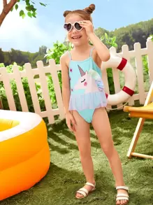 Đồ một mảnh Bé gái chập biết đi Tương phản Mesh Xù Hoạt hình Dễ thương - Màu xanh nhạt - Xem 4