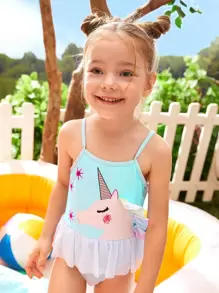 Đồ một mảnh Bé gái chập biết đi Tương phản Mesh Xù Hoạt hình Dễ thương - Màu xanh nhạt - Xem 5