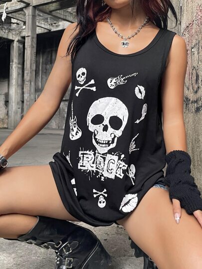 Top tank con estampado de letra & cráneo