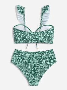 Swim Mod Plus Size Ditsy Floral Print Bikini Set Ruffle Trim Tie Front Top & High Waisted Bottom 2 Pieces Bathing Suit Summer - Green - View 2